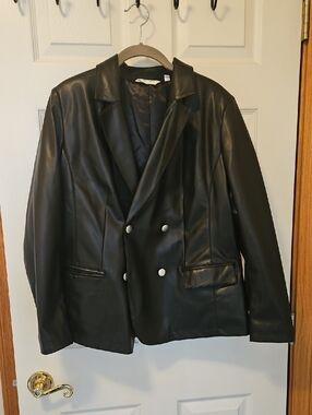Women's Black Faux Leather Double-Breasted Jacket By Candace Cameron Bure Size S